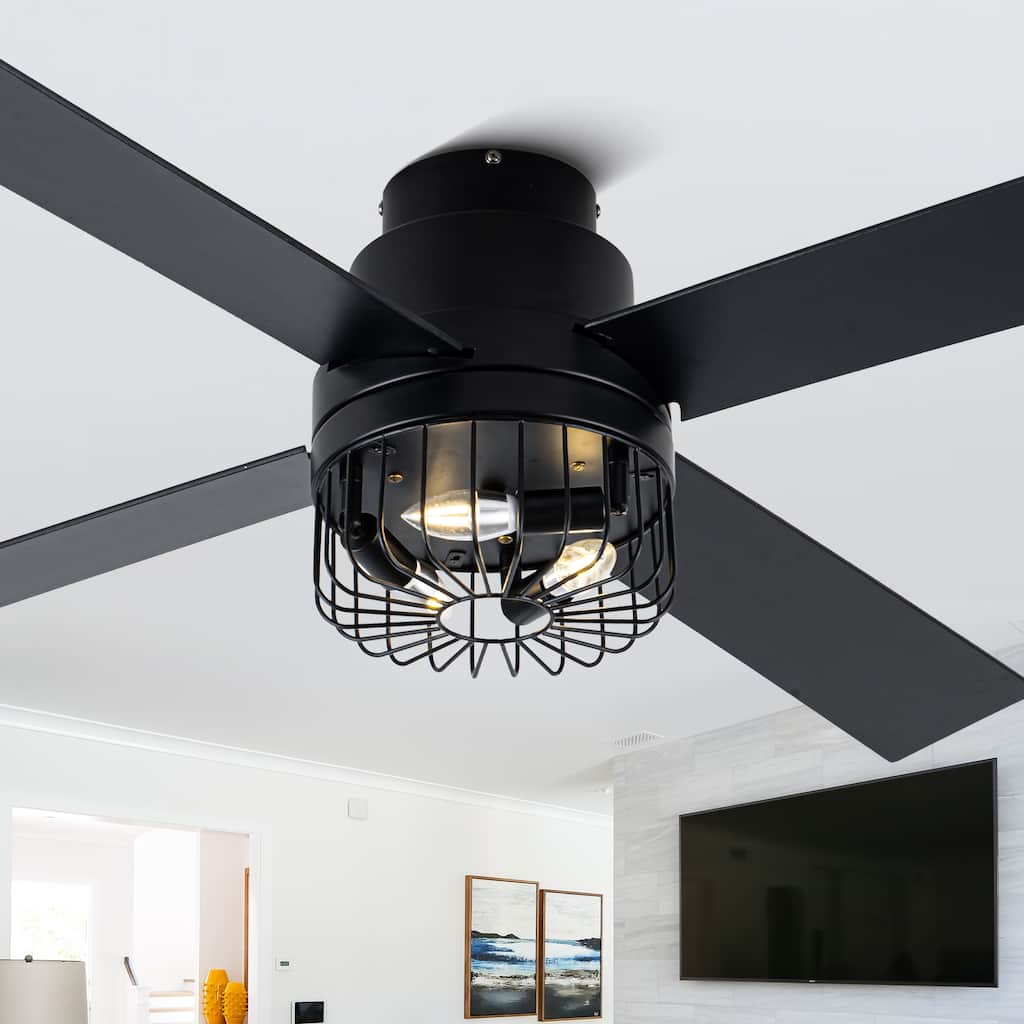 CurveCurio 52'' Modern Black Industrial Ceiling Fan Flush Mount w Remote Control, 4 Wooden Blades w Caged Lights for Living Room