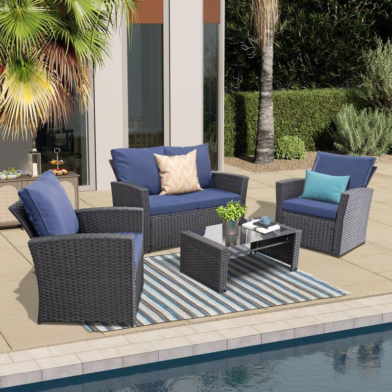 5-Piece Wicker Outdoor Sofa Set with Fire Pit Table