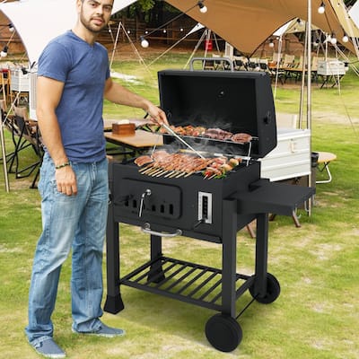 Large Backyard BBQ Grill with 6-Level Charcoal Tray and Thermometer Foldable Side Shelves - 52" x 22.5" x 42"