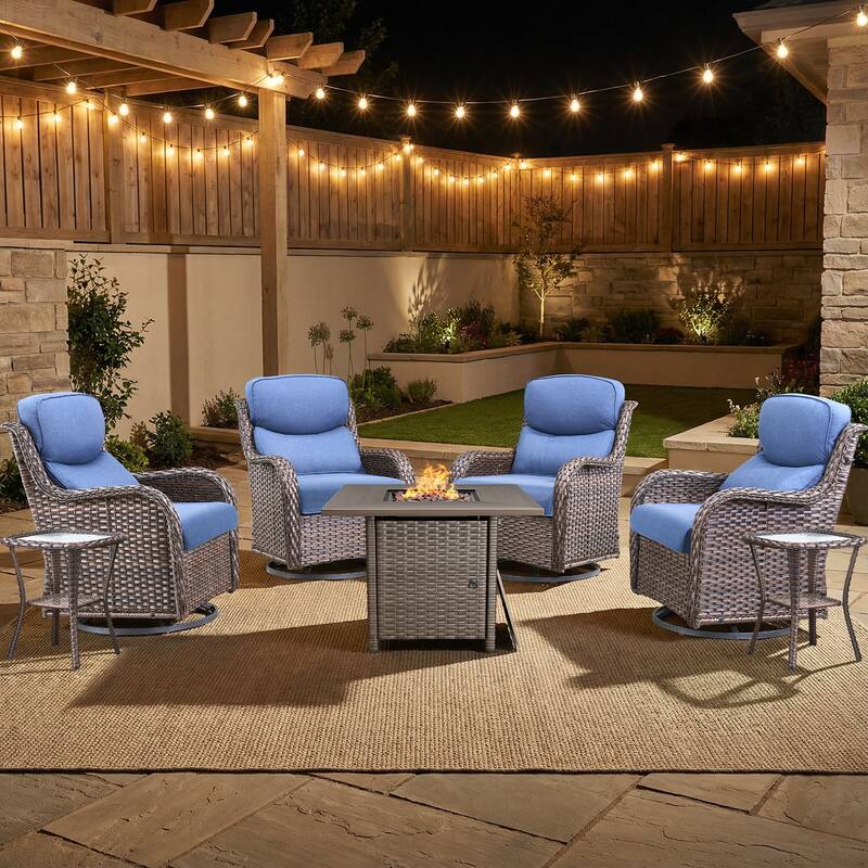 Pocassy Outdoor Propane Fire Pit Table with Sofa Swivel Chair Funiture Set. - Brown Wicker Blue Cushion - 7-Piece Swivel Chair Table w/ Fie Pit Table