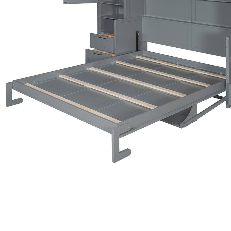 Queen Size Murphy Bed Hidden Wall Bed with Both Sides Closet Drawers and Storage Shelves, Space-Saving Versatile Murphy Bed