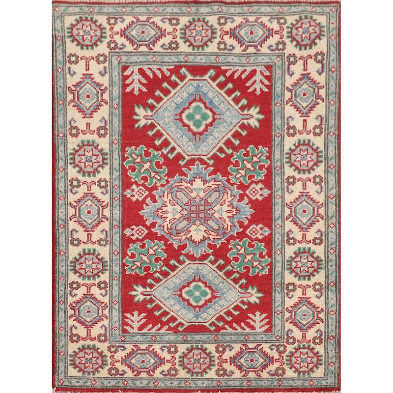 Geometric Red Kazak Accent Rug Hand-Knotted Bedroom Wool Carpet - 2'9" x 3'10"