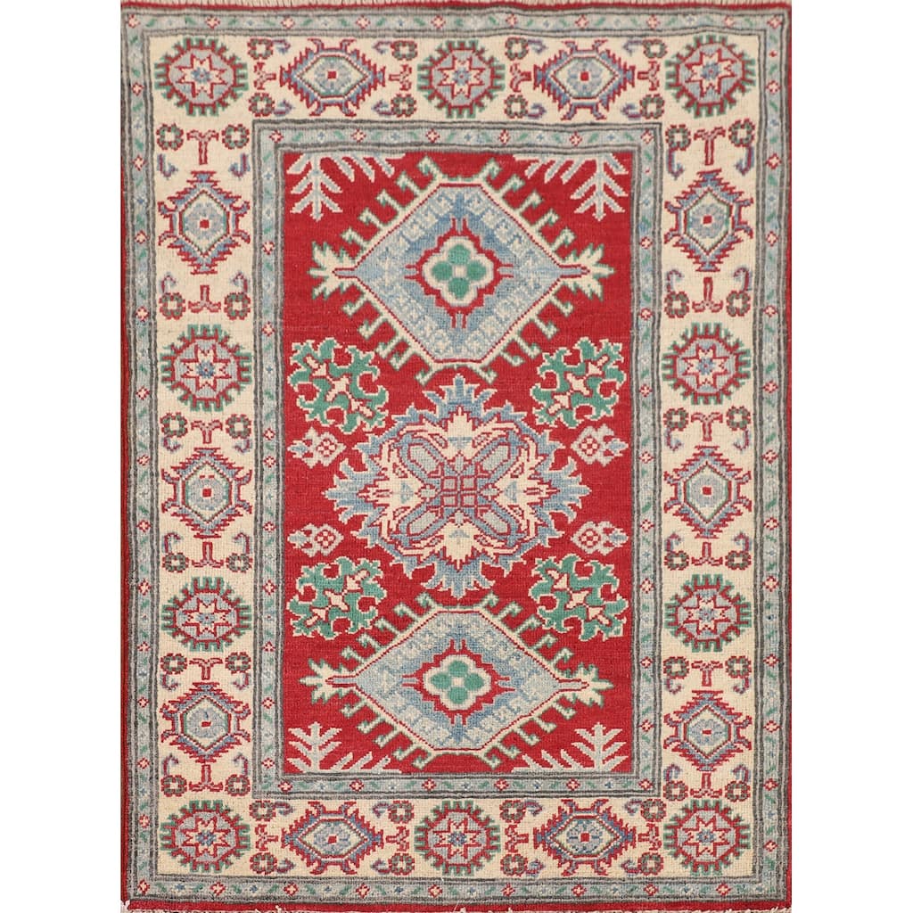 Geometric Red Kazak Accent Rug Hand-Knotted Bedroom Wool Carpet - 2'9" x 3'10"
