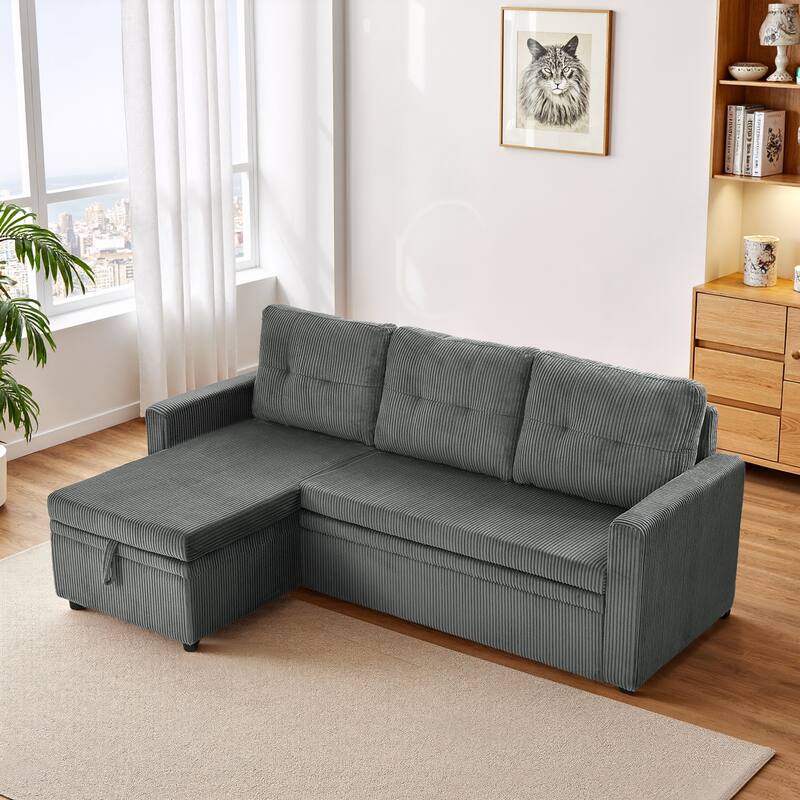 Modern Pull Out Sectional Sofa Bed Couch with Storage Chaise for Living Room - Corduroy/Gray