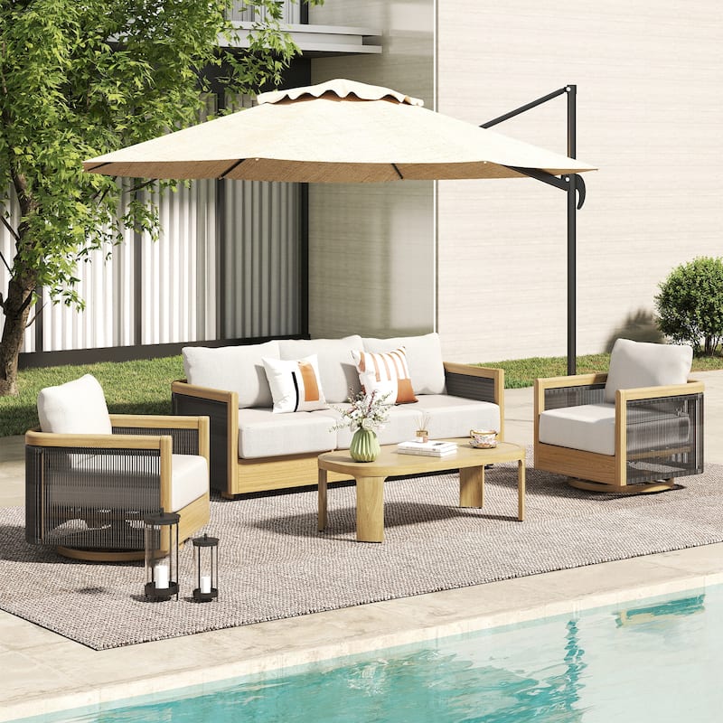 Overture 4-Piece Natural Wood Grain Aluminum Hand-Woven Rope Patio Conversation Set with Swivel Chairs, Cushions, Coffee Table