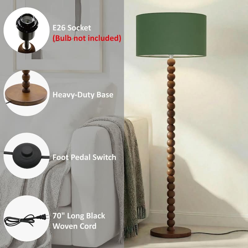 61" Wooden Beaded Floor Lamp, Retro Walnut Finish Standing Lamp with Linen Shade, Rubberwood Base for Living Room, Bedroom
