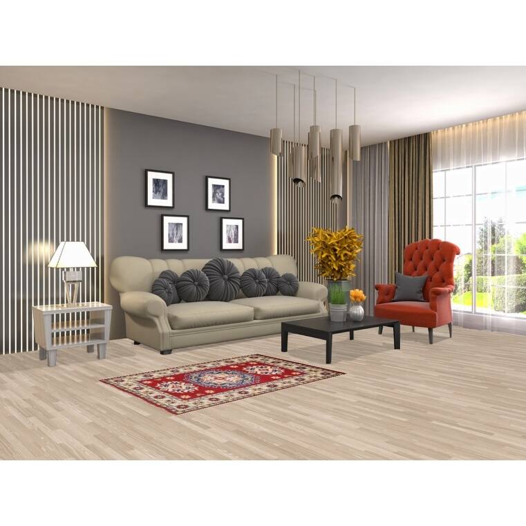 Red Geometric Kazak Foyer Rug Handmade Wool Carpet - 2'10" x 4'1"