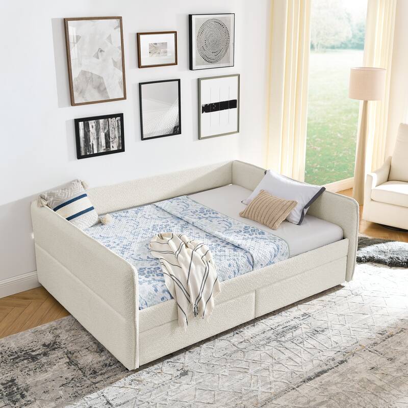 Queen Size Upholstered Tufted Daybed with Trundle and Two Drawers, Beige Boucle Fabric Sofa Bed