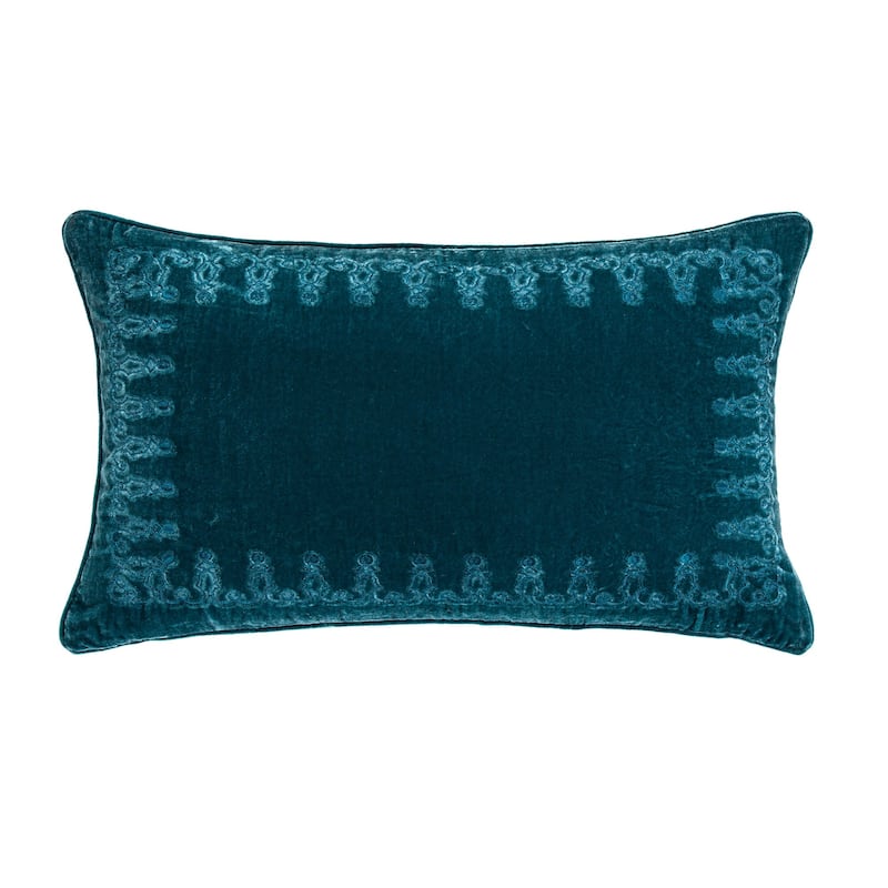 HiEnd Accents Stella Faux Silk Velvet Romantic Western Embroidered Decorative Throw Lumbar Pillow, 14"x24" - Teal