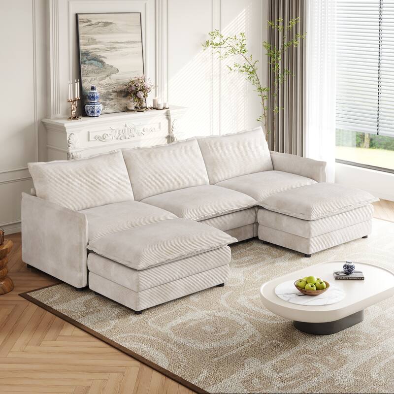 109" Corduroy 3-Seater Cloud Sectional Sofa with 2 Ottomans