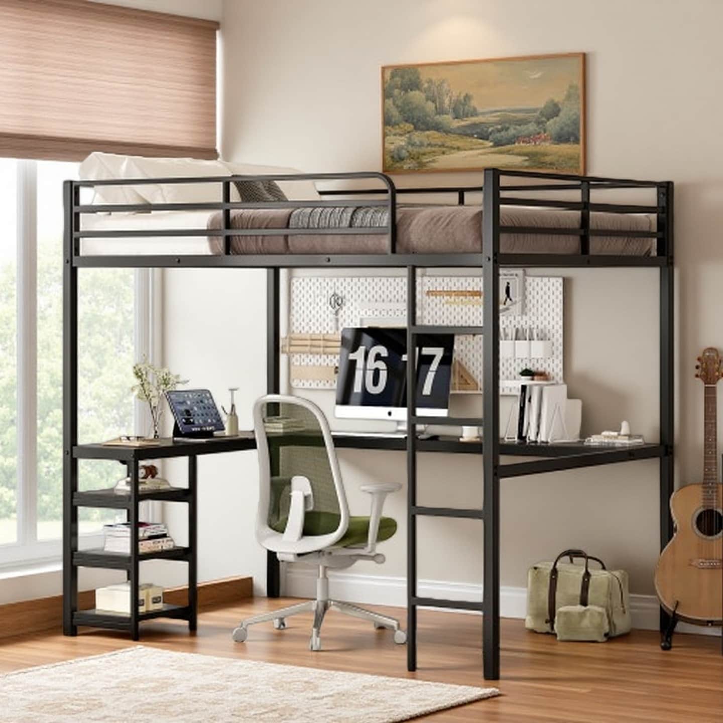 Full Size Metal Loft Bed with L-Shaped Desk & Open Shelves, Heavy-Duty Frame with Safety Guardrails and Anti-Slip Ladder