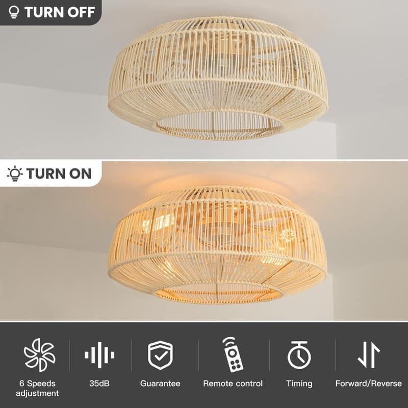 20 in. Indoor 4-Lights Gold Rattan Ceiling Fan with Light and Remote, Flush Mount Ceiling Fan, No Bulbs Included