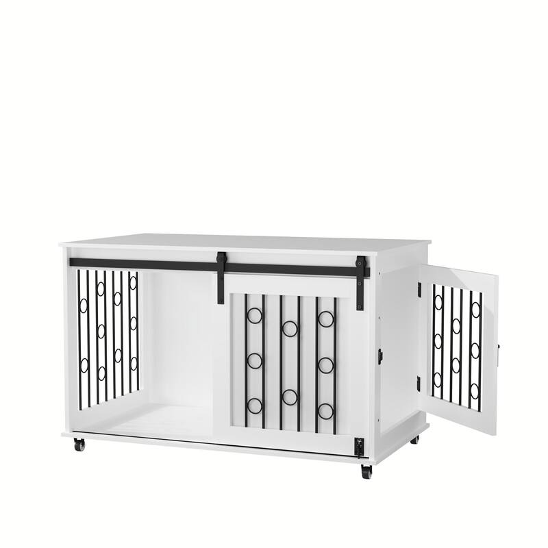 39.37" Wooden Dog Crate Furniture with Sliding Barn Door and Side Door, Indoor Dog Kennel End Table for Small to Medium Dogs