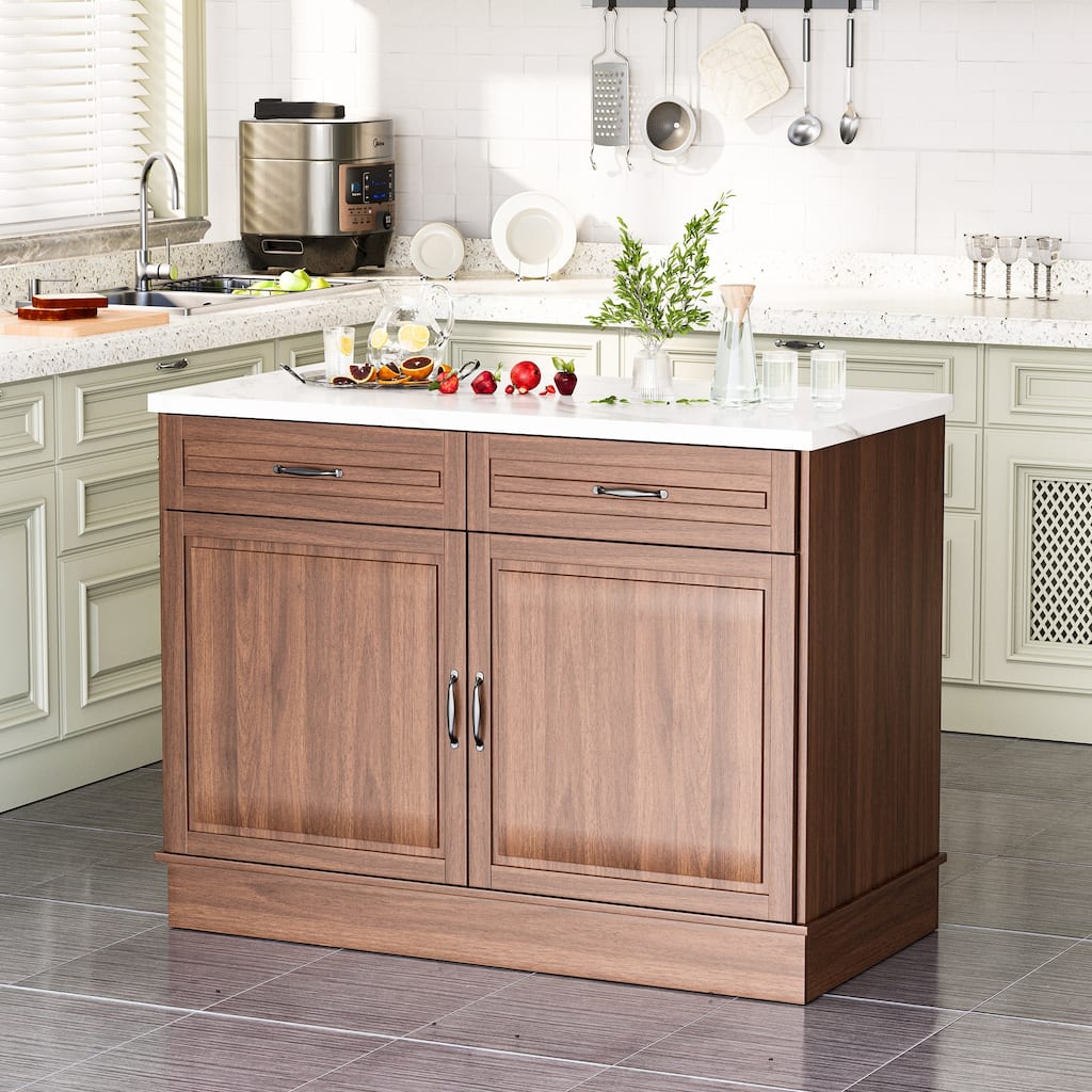 EROMMY 48" Kitchen Island Cabinet with Marble Countertop, Walnut Finish, 2 Drawers & 2 Cabinets