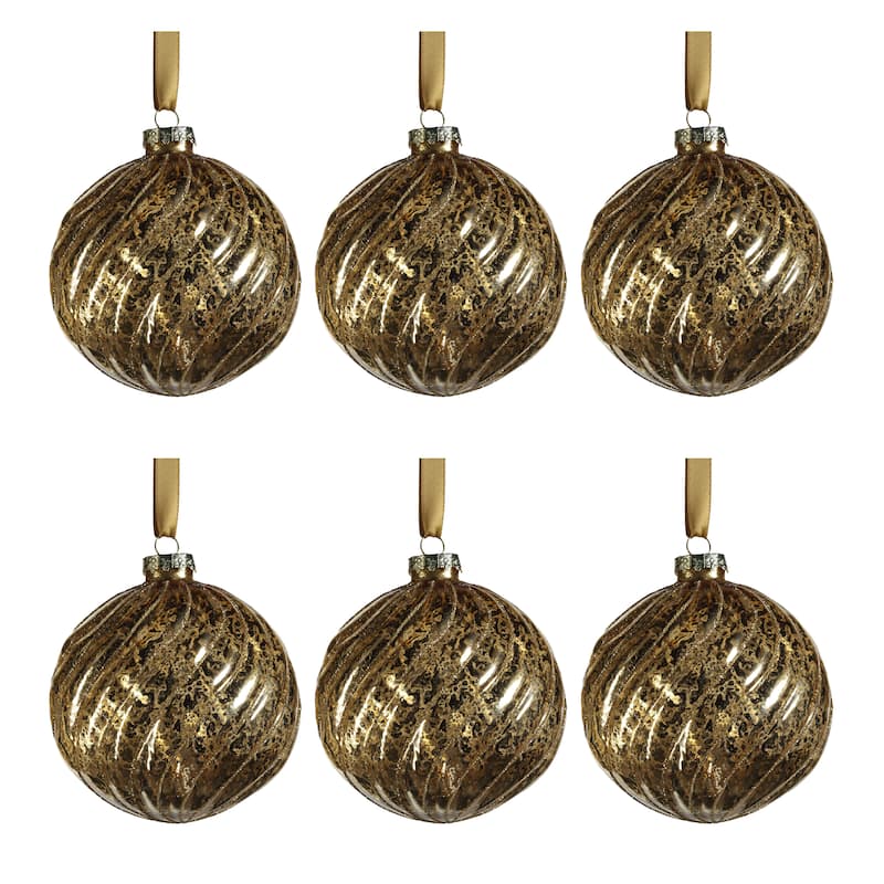 4" Swirl Antique Gold Glass Ball Ornaments with Glitter, Set of 6