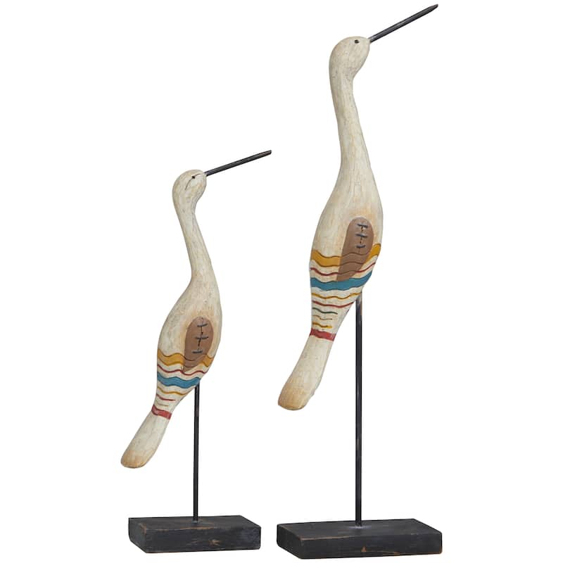 Cream Polystone Handmade Distressed Carved Bird Decorative Sculpture with Colorful Patterns and Black Stand (Set of 2)
