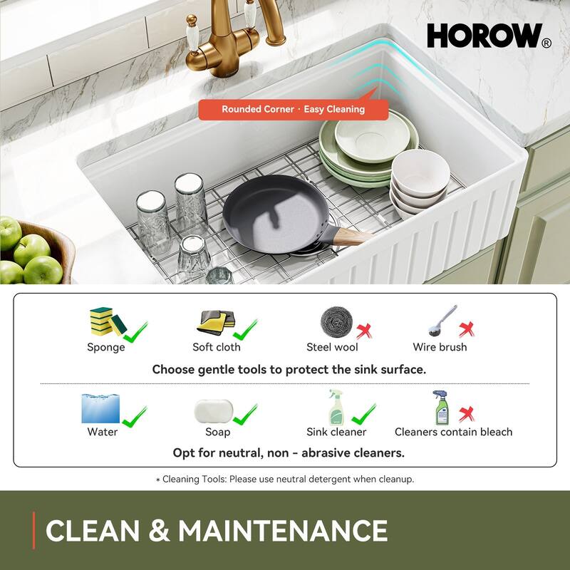 HOROW 33in. Farmhouse/Apron-Front Single Bowl White Fireclay Workstation Kitchen Sink w/Cutting Board,Bottom Grid and Strainer