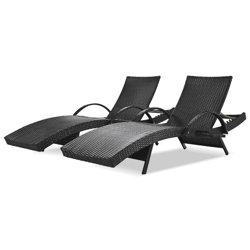 2 Pcs Outdoor Curved Wicker Chaise Lounge Chair, Reclining Chairs with Pull-Out Side Table & Adjustable Backrest