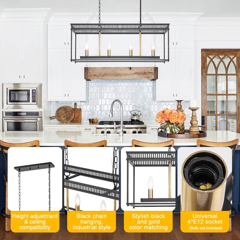 4-Light Black Industrial Rectangular Caged Chandelier Kitchen Island - Dia.29.92-in