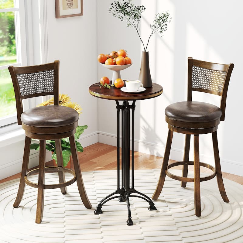 Brown Swivel Bar Stools with Rattan Back and Leathaire Seat 30 Inch Counter Height Chairs with Wooden Frame for Kitchen Island