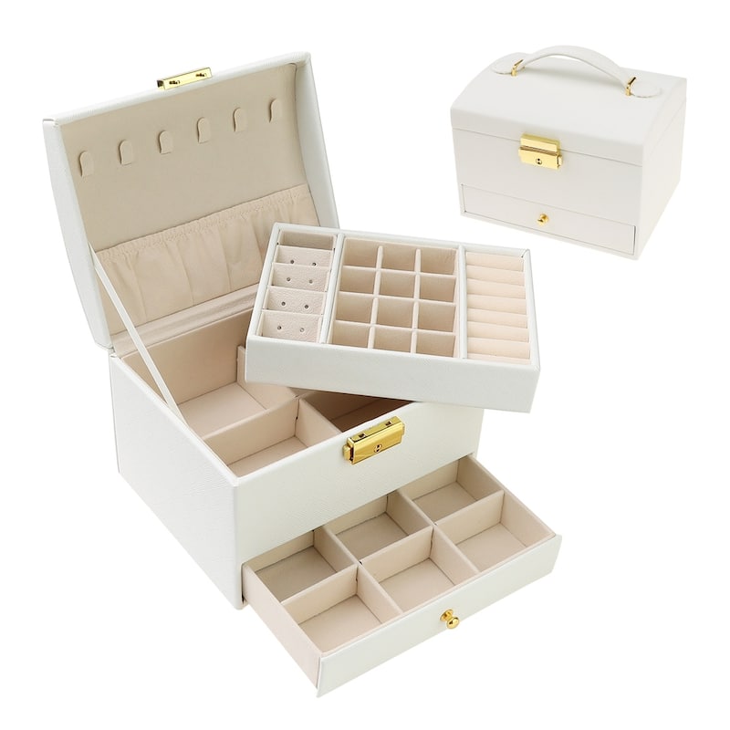 3 Layer Jewelry Box, PU Leather Jewelry Organizer Case Storage Display Holder with Drawer, Removable Jewelry Tray - 17*14*13cm