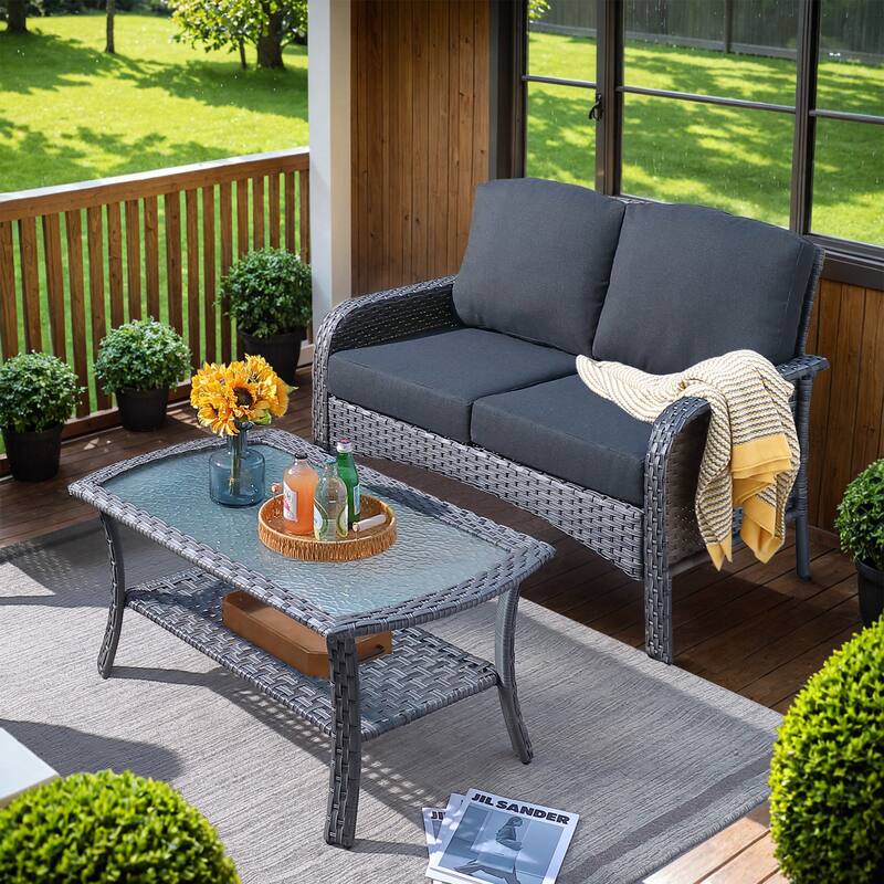 HOOOWOOO 2-piece Outdoor Rattan Wicker Loveseat Sofa with Coffee Table - Black
