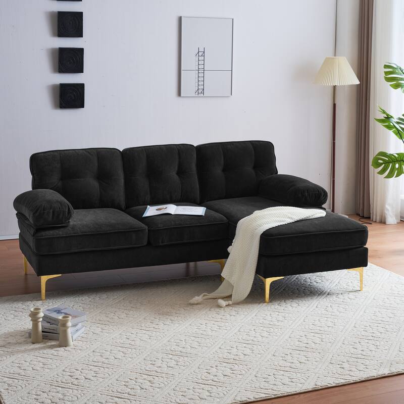 Modern Velvet L-Shaped Sectional Sofa with Metal Legs and Wide Backrest for Living Room Bedroom