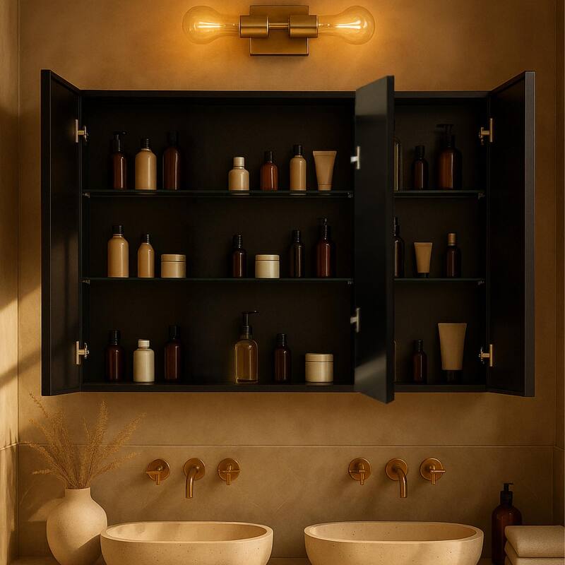 TEHOME Triple Door Bathroom Medicine Cabinet with Mirror, Soft Close, Adjustable Glass Shelves, Fully Assembled