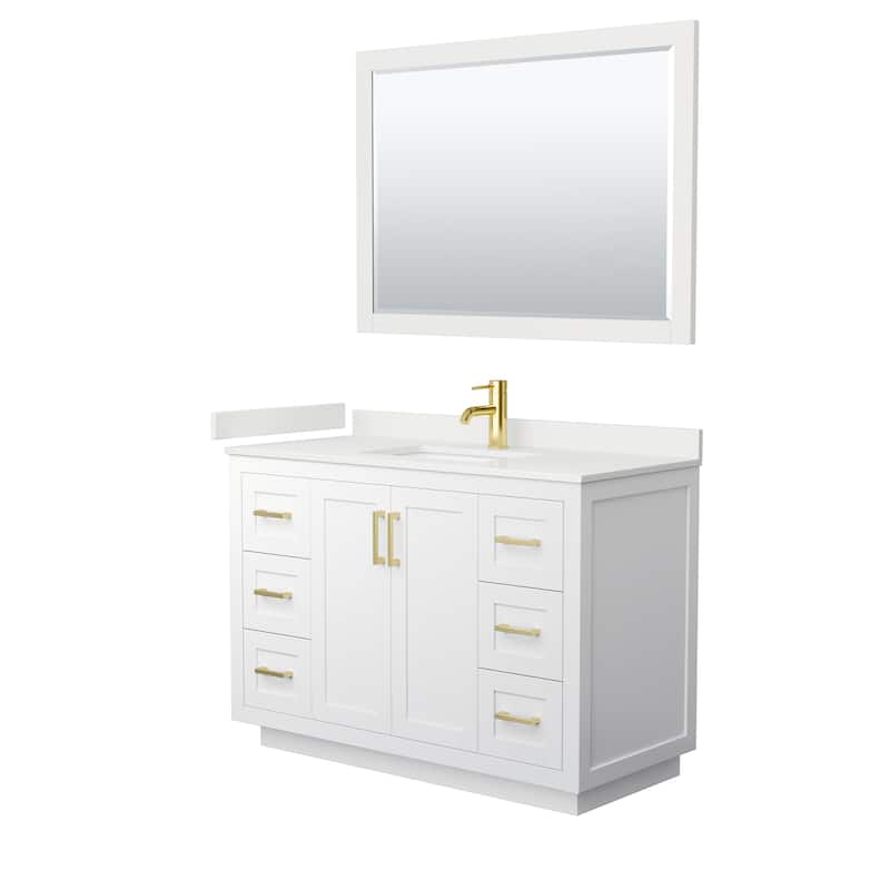 Miranda 48-inch Single Vanity, Quartz Top, 46-inch Mirror - White, Gold Trim, White Quartz Top