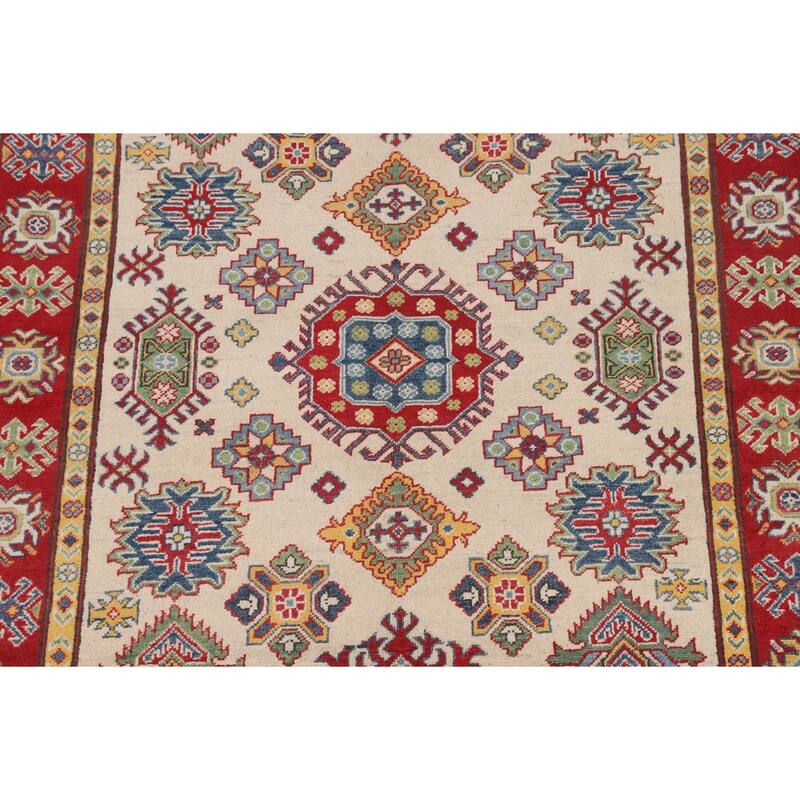 Geometric Ivory Kazak Oriental Area Rug Handmade Wool Carpet - 5'2" x 6'6"