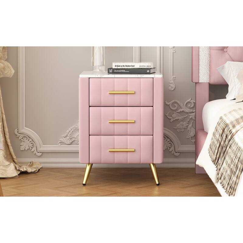 Upholstered Wooden 3-Drawer Nightstand - Metal Legs/Handles + Marbling Sticker Top Bedside Table (Pink)