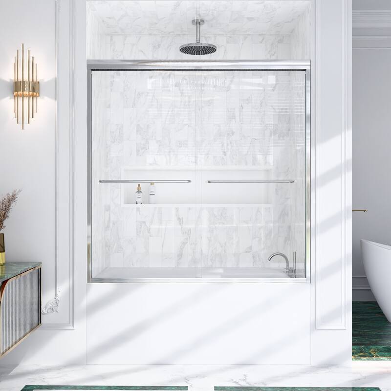 GDFStudio - Modern Minimalist Semi-Frameless Double Sliding Shower Door with 1/4" SGCC Tempered Glass & Stainless Steel Handle