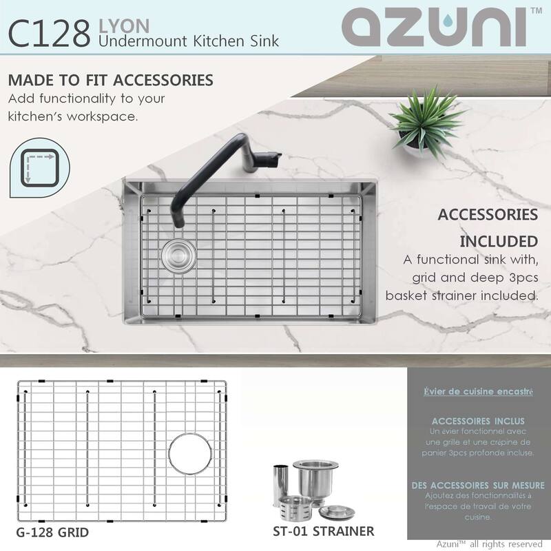 AZUNI 28 inches L x 18 inches W Single Bowl Undermount 16G Reversible Kitchen Sink with Grid and Basket Strainer C128