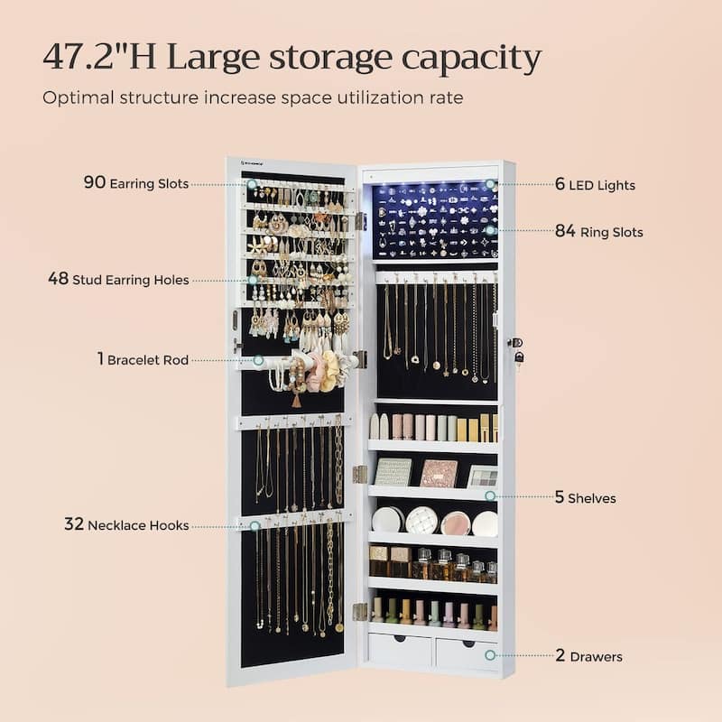 6 LED Lights Wall Mounted Lockable Jewelry Cabinet with Full Length Mirror and 2 Drawers - 47.3"H x 14.5"W x 3.9"D