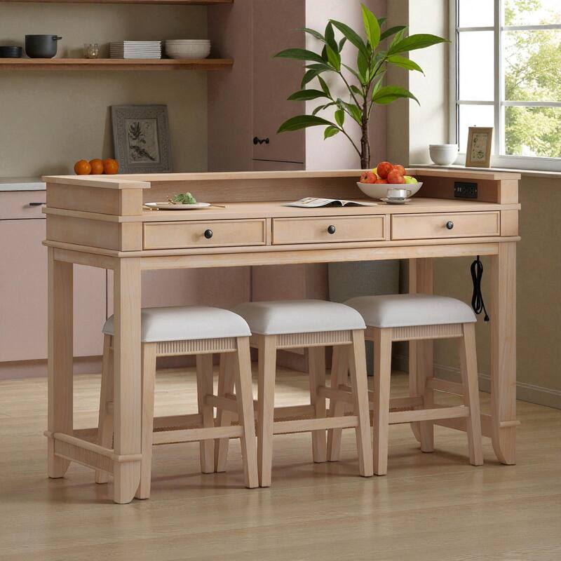 4-Piece Bar Table Dining Set for 3, 53" High Table with 3 Storage Drawers, USB Ports & 3 Upholstered Stools