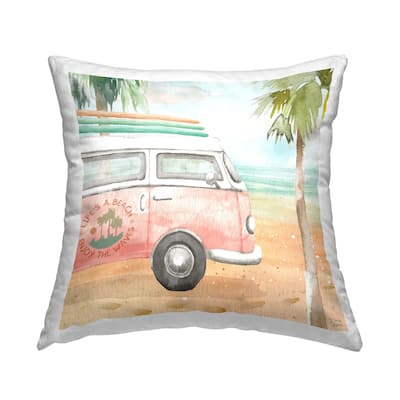 Stupell Pink Bus Van Tropical Vacation Beach Scene Printed Throw Pillow by Dina June