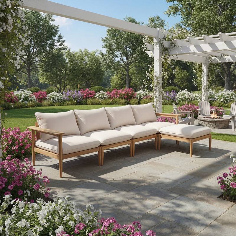 Roomfitters Terassi Outdoor Sectional Sofa L-Shape Solid Acacia Wood Modular Seating, Light Teak Beige