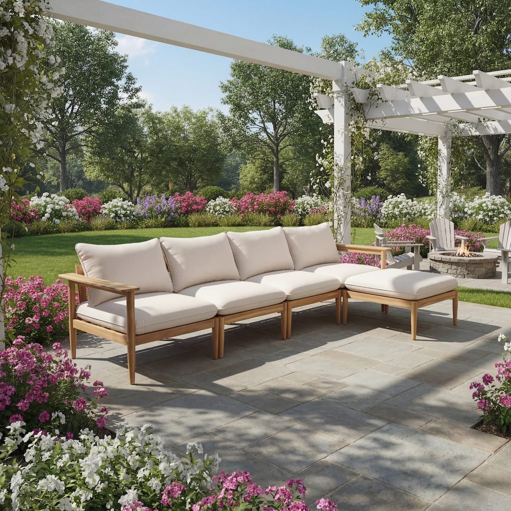 Roomfitters Terassi Outdoor Sectional Sofa L-Shape Solid Acacia Wood Modular Seating, Light Teak Beige