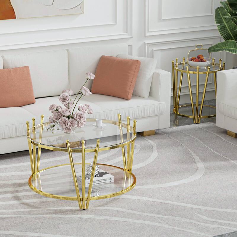 Modern Gold Round End Table with Tempered Glass Top & Crown Design for Living Room