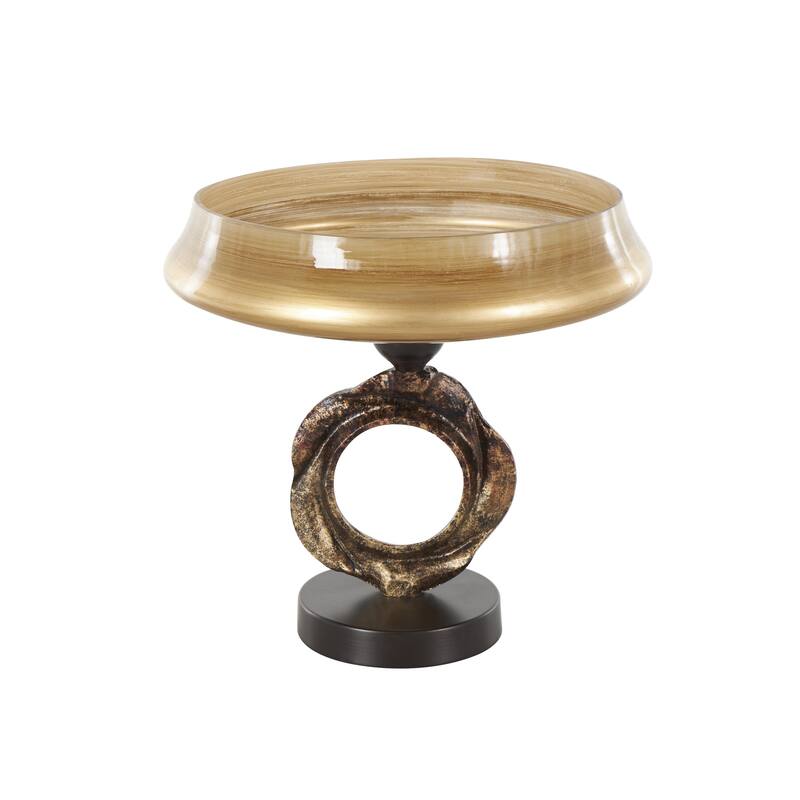 Brown Glass Wide Brushed Decorative Bowl with Textured Bronze and Black Ring Base