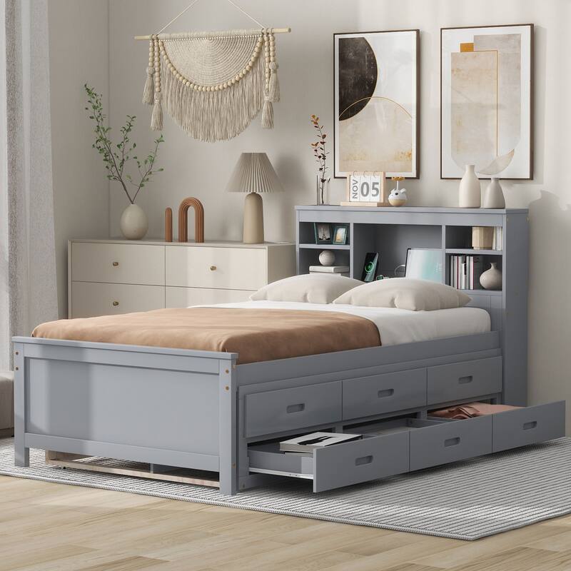 Twin Size Platform Bed with Storage Headboard, USB, Twin Size Trundle and 3 Drawers