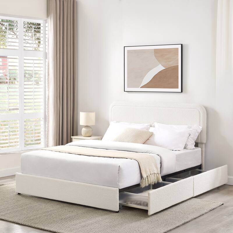 Queen Size Ivory Boucle Upholstered Platform Bed with 4 Storage Drawers, Adjustable Headboard, Wooden Slat Support