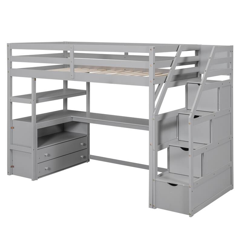 Twin Storage Loft Bed with All-in-One Desk and Shelves, Loft Bed Frame with 2 Built-in Drawers, Storage Staircase - Grey