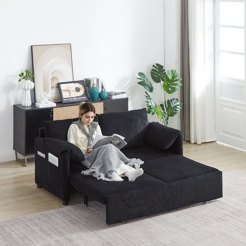 64.5" Loveseat Sofa with Pullout Bed,Corduroy Convertible Sleeper Sofa