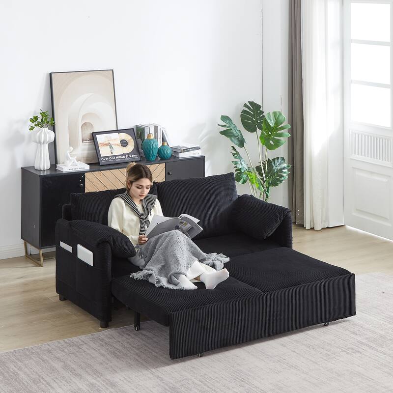 65" Corduroy 2-Seater Sleeper Sofa, 3-in-1 with Storage and Side Pocket