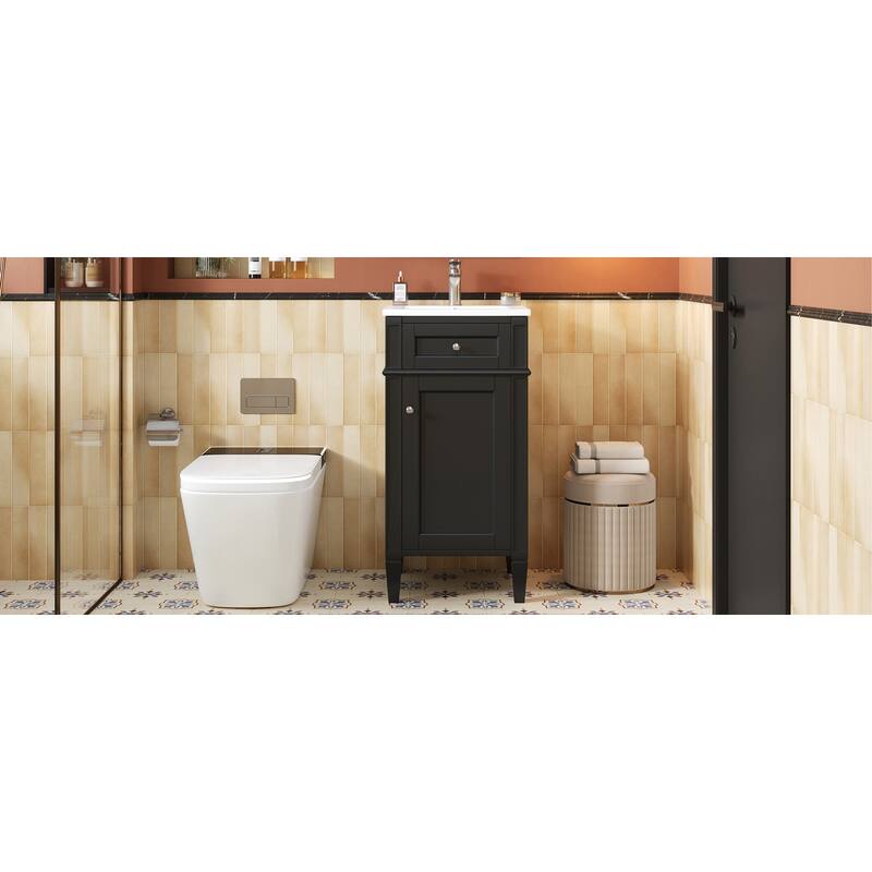 16" Bathroom Vanity with Ceramic Sink, Freestanding Single Vanity Set with Soft Closing Door, Adjustable Shelf, French Style