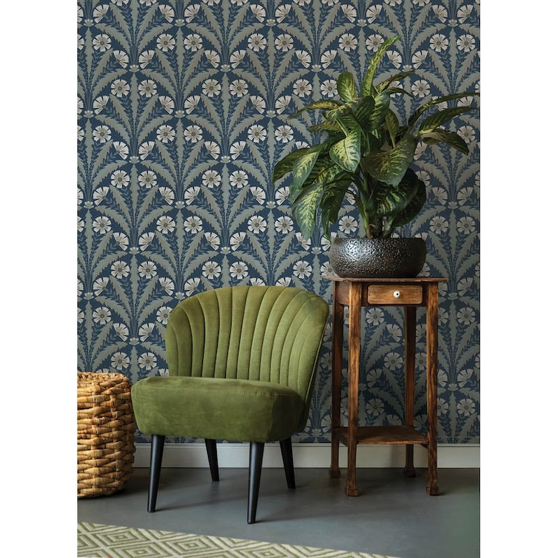 Chesapeake Tap Root Dark Blue Floral Damask Wallpaper