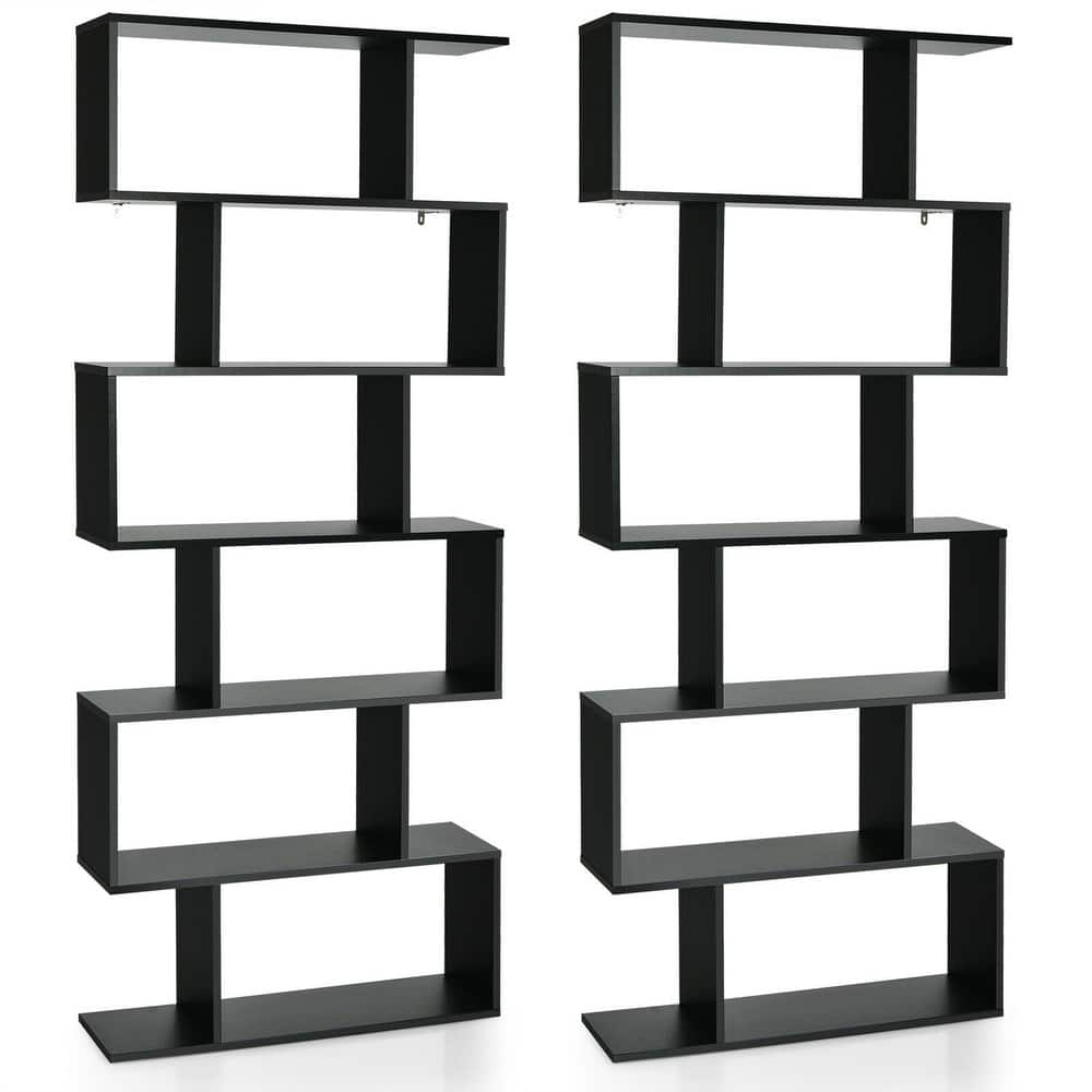 Gymax 2 PCS 6 Tier S-Shaped Bookshelf Storage Display Bookcase Z-Shelf - 31.5'' x 9'' x 75''
