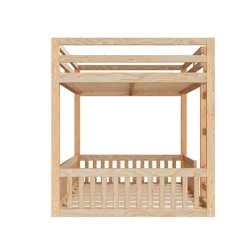 Stylish and Simple Full Size Wooden Bunk Bed, Solid Pine Full over Full Floor Bunk Bed Frame with Ladder and Guardrails