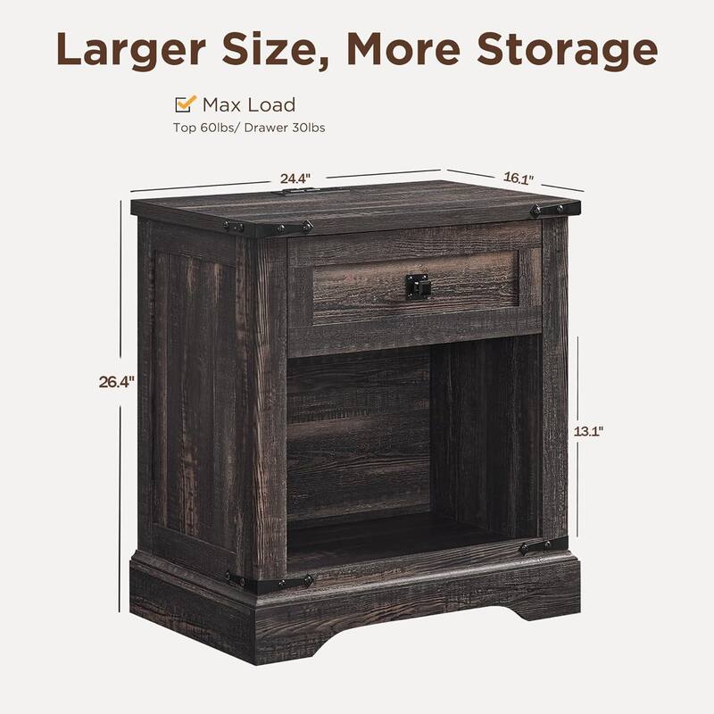 Farmhouse Nightstand with Charging Station，Beside Table for Bedroom